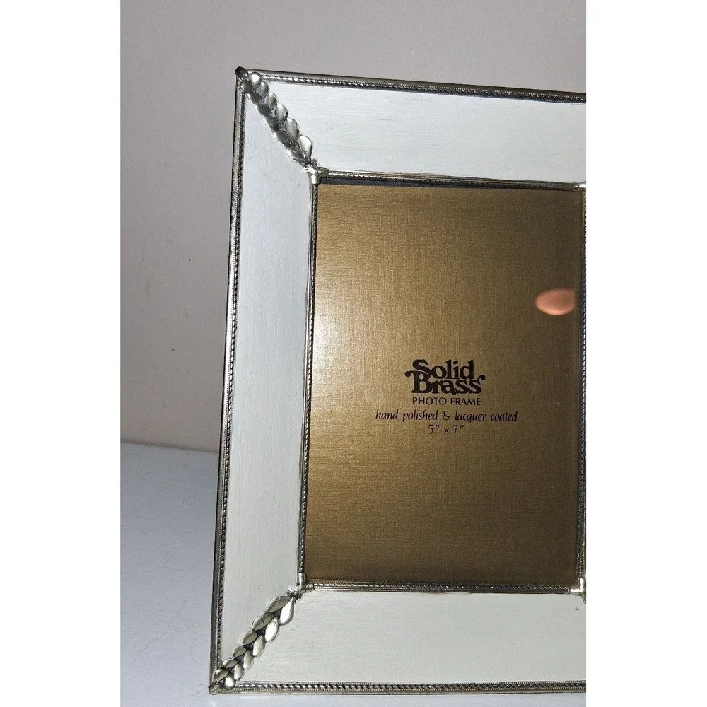 Vintage Solid Brass 5x7 Photo Frame Silver Tone Leaf Hollywood Regency Easel